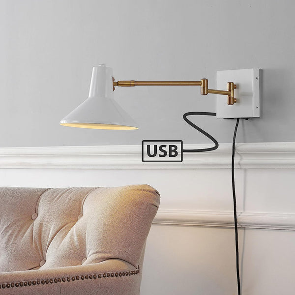 Lynn 16" Swing Arm Modern Midcentury Iron USB Charging Port LED Sconce