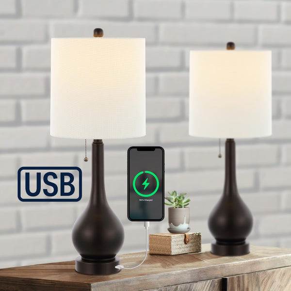 Cory 24" Modern Classic Gourd Iron LED Table Lamp with Pull-Chain with Dual USB Charging Port