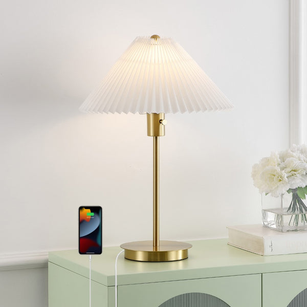 Kyrid 21.25" Modern Glam Metal Column LED Table Lamp with USB Charging Port and Pleated Shade