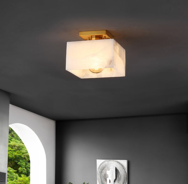 Glow 8" 1-Light Modern Contemporary Alabaster/Iron Square LED Semi Flush Mount