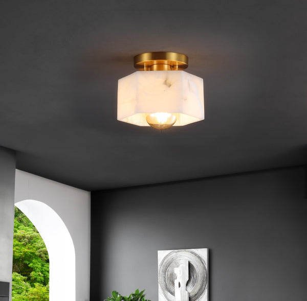 Calm 8" 1-Light Modern Contemporary Alabaster/Iron Hexagonal LED Semi Flush Mount