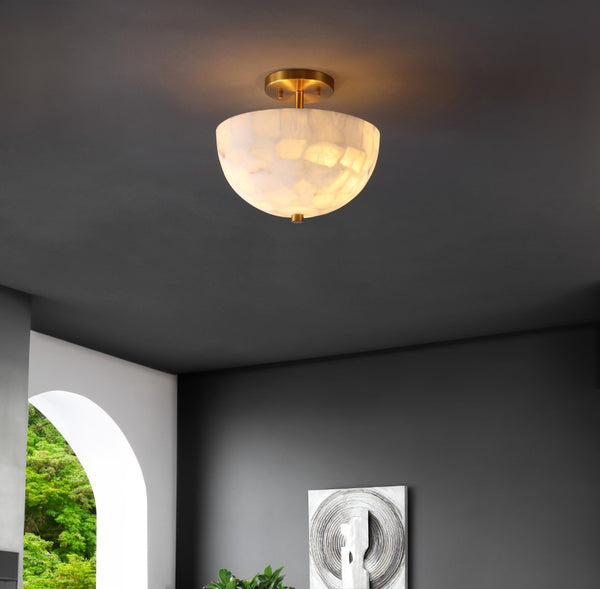 Swiss 11.88" 2-Light Modern Contemporary Alabaster/Iron Inverted Dome LED Semi Flush Mount