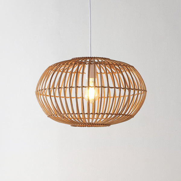 Abrielle 17.5" Farmhouse Coastal Rattan 180" Cord Plug-In or Hardwired LED Pendant