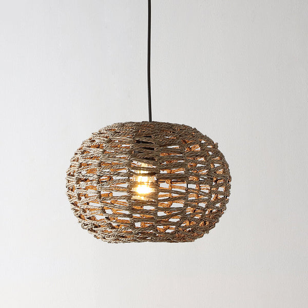 Pendtlit 14" Farmhouse Coastal Rattan 180" Cord Plug-In or Hardwired LED Pendant