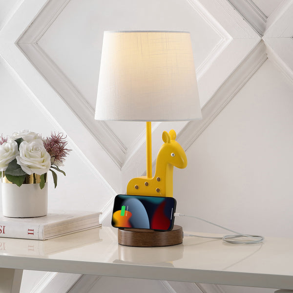 Wooden 17.5" Mid-Century Vintage Iron/Resin Giraffe LED Kids' Table Lamp with Phone Stand and USB Charging Port