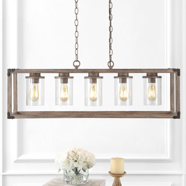 Daniela 36" 5-Light Linear Adjustable Iron/Seeded Glass Rustic Farmhouse LED Pendant