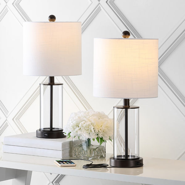 Collins 21" Glass Modern Contemporary USB Charging LED Table Lamp, Set of 2