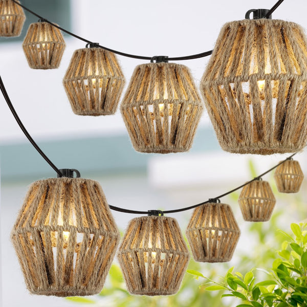 Lampat 10-Light Indoor/Outdoor 10 ft. Mid-Century Classic Incandescent C7 Lantern Hemp Rope Shaded String Lights