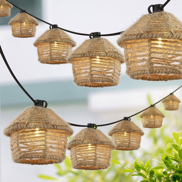 Trend 10-Light Indoor/Outdoor 10 ft. Mid-Century Vintage Incandescent G40 Tiki Hut Hemp Rope Shaded String Lights