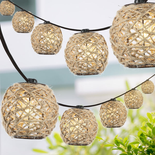 Globe 10-Light Indoor/Outdoor 10 ft. Rustic Coastal Incandescent C7 Globe Hemp Rope Shaded String Lights