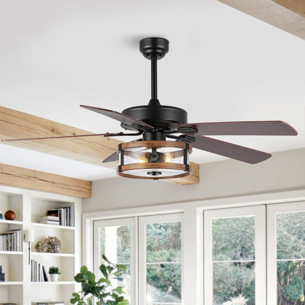 Jasper 52" Rustic Industrial Iron/Wood/Seeded Glass Mobile-App/Remote-Controlled LED Ceiling Fan