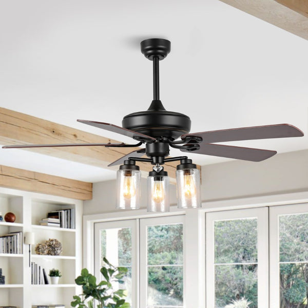 Dungoo 52"  Rustic Industrial Iron/Wood/Seeded Glass Mobile-App/Remote-Controlled LED Ceiling Fan