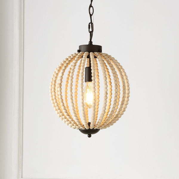 Caleb 12.5" Rustic Bohemian Iron/Wood Bead LED Pendant