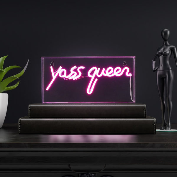 Hello Queen 11.8" Contemporary Glam Acrylic Box USB Operated LED Neon Light, Pink