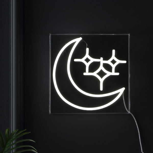 Moon Starry Crescent Square Contemporary Glam Acrylic Box USB Operated LED Neon Light